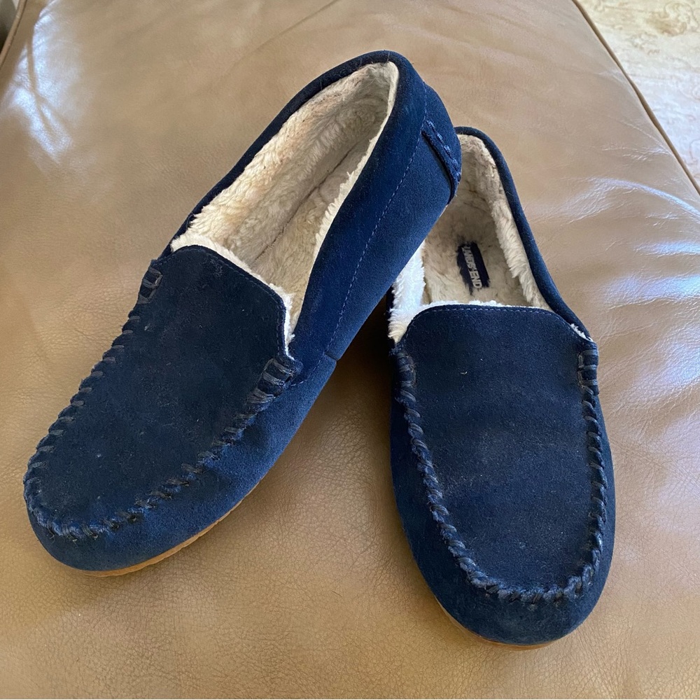 Lands' End Women's Navy Shearling Lined Suede Moccasin Slippers 9